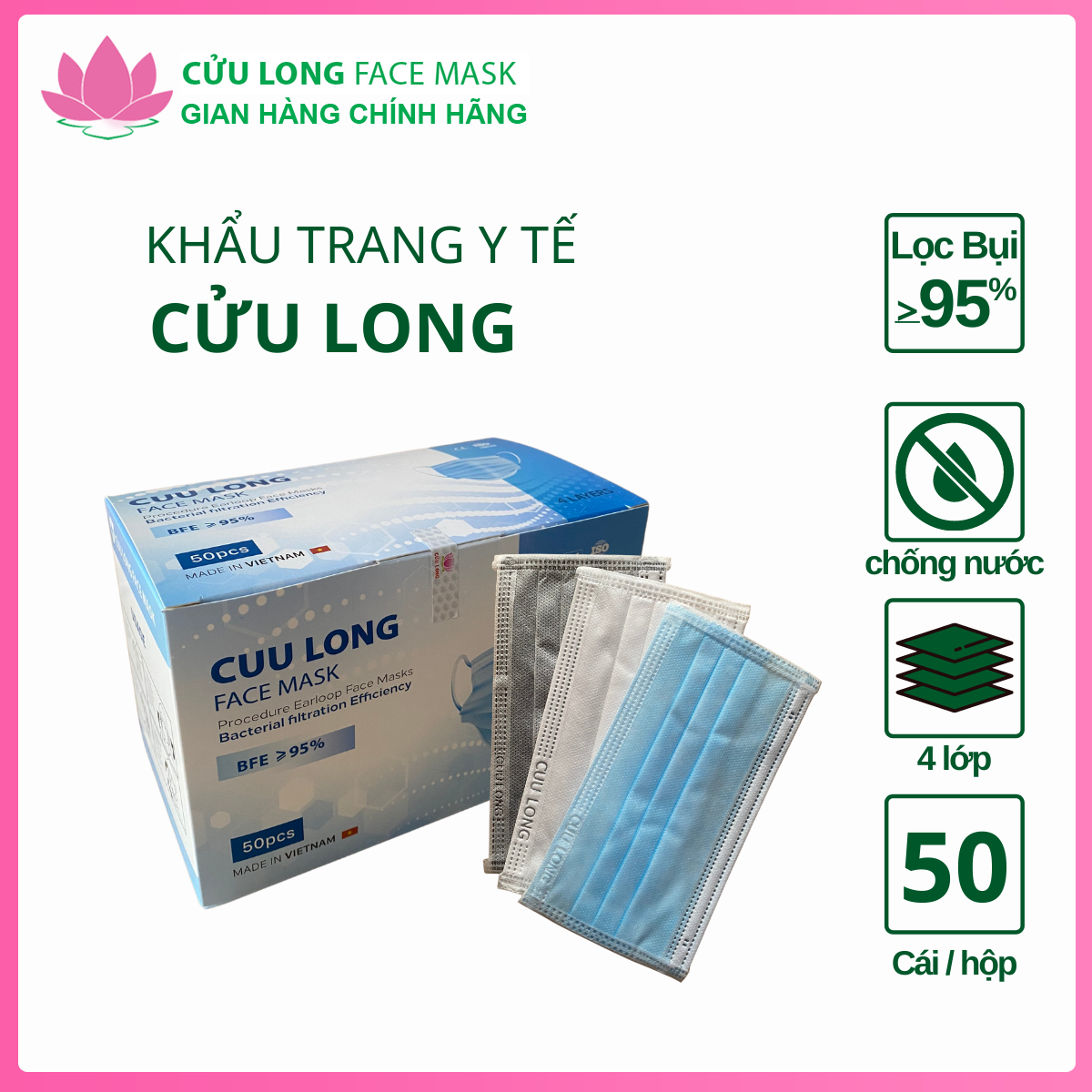 Khẩu trang y tế 4 lớp kháng khuẩn Cửu Long Face Mask