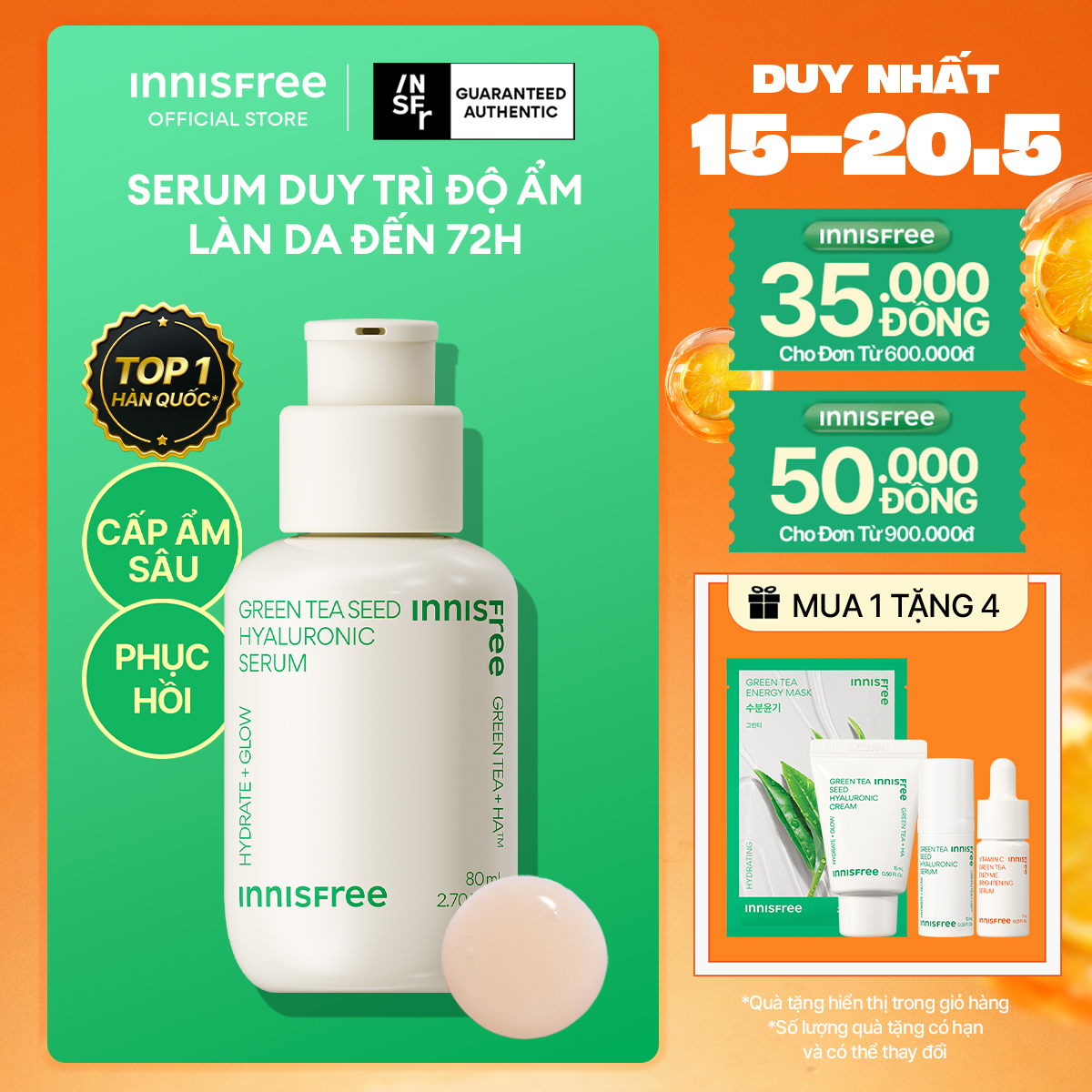 Serum trà xanh cấp ẩm sâu phục hồi da, với Probiotics INNISFREE Green Tea Seed Hyaluronic Serum 80mL