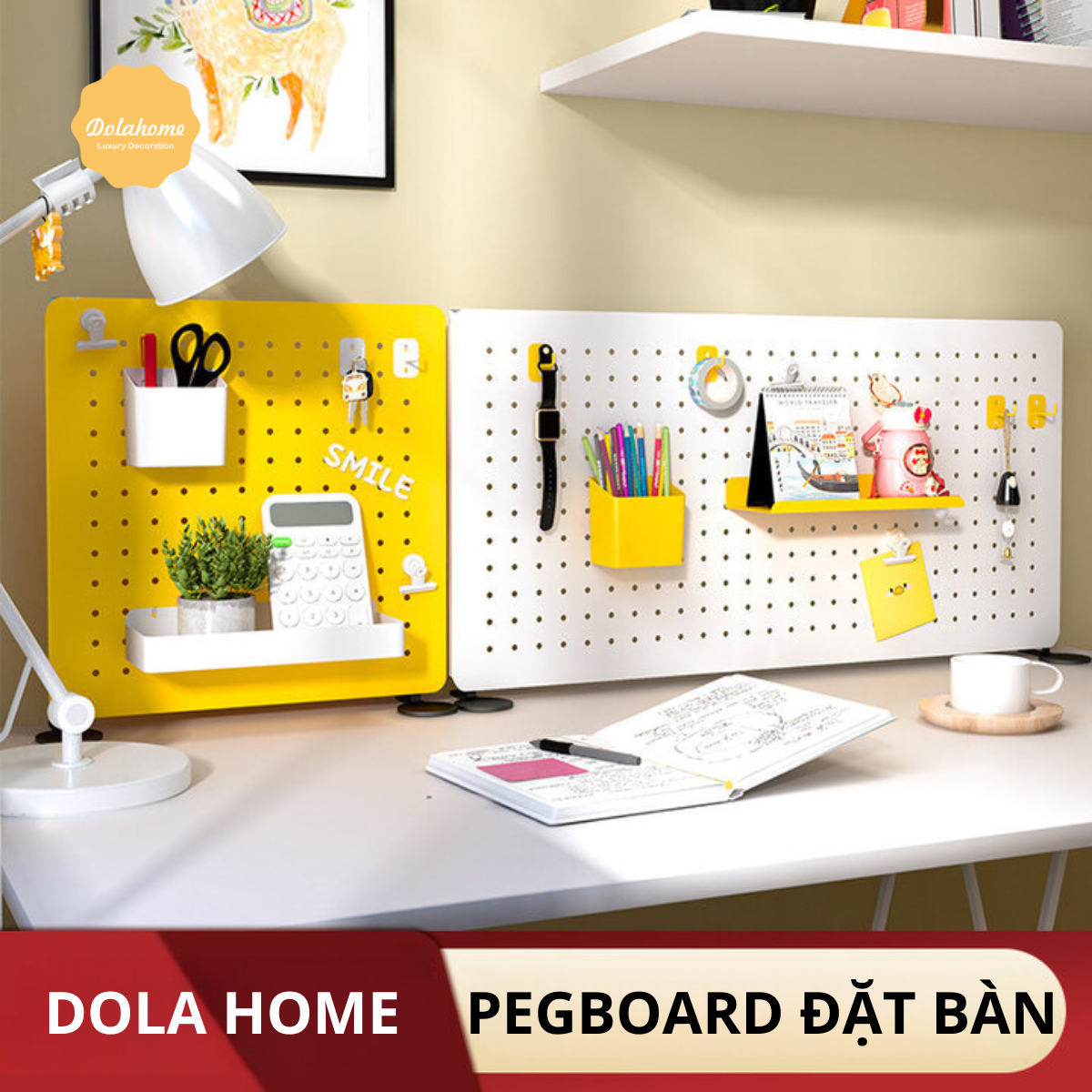 Bảng lỗ Pegboard Dola Home cao cấp dạng chân đứng để bàn để dụng cụ làm việc, tại nghe, mô hình, bàn phím, laptop