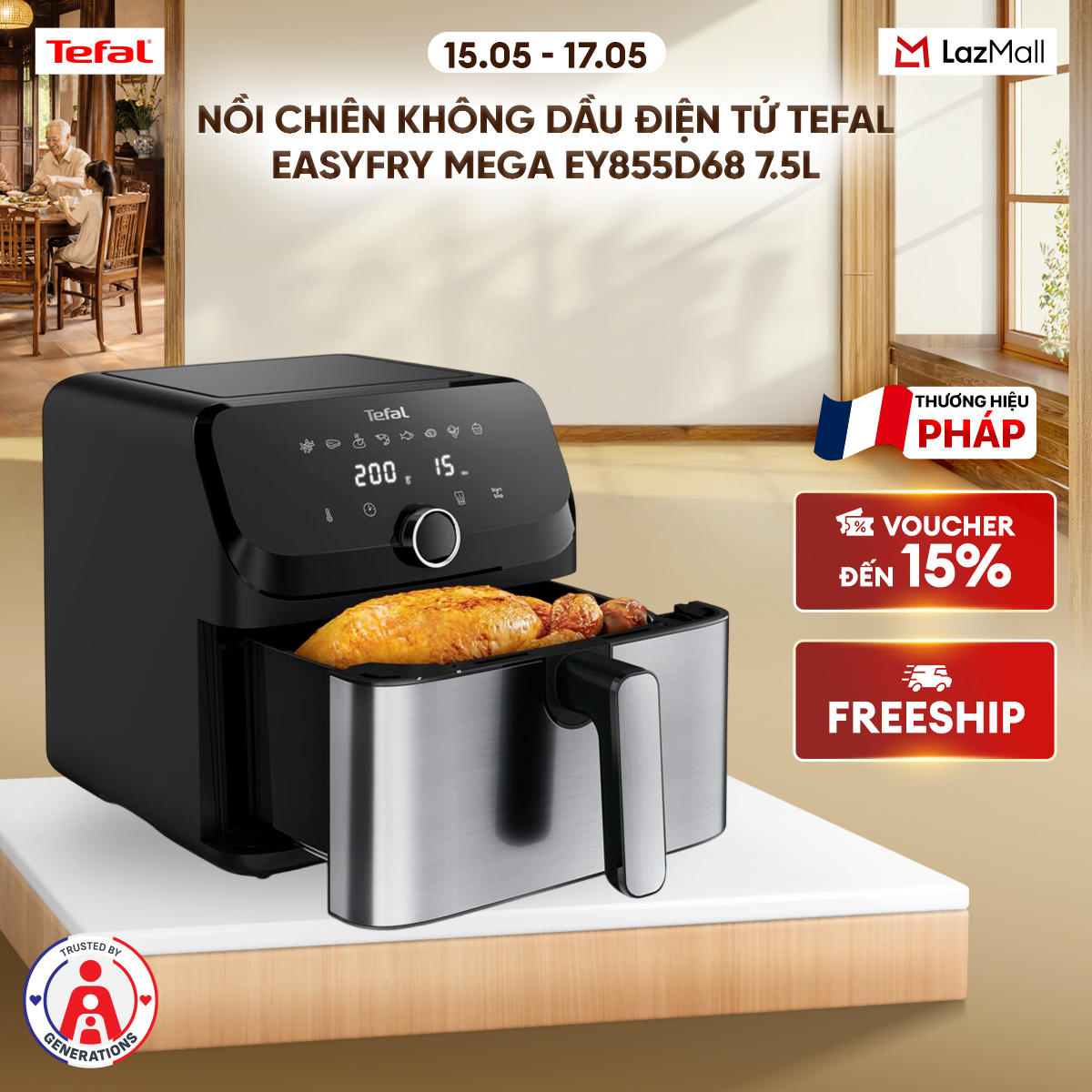 Nồi chiên không dầu Tefal Mega EY855D68 - 7.5L