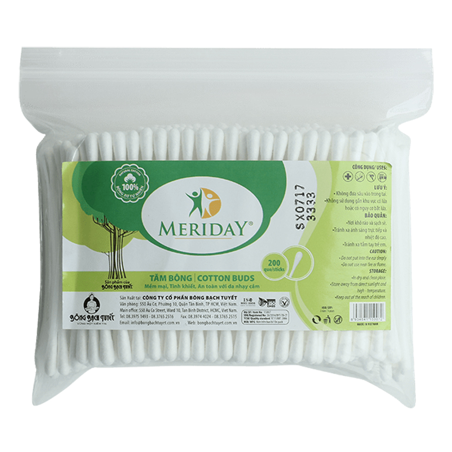 Gói 200 que tăm bông meriday - chính hãng bông bạch tuyết