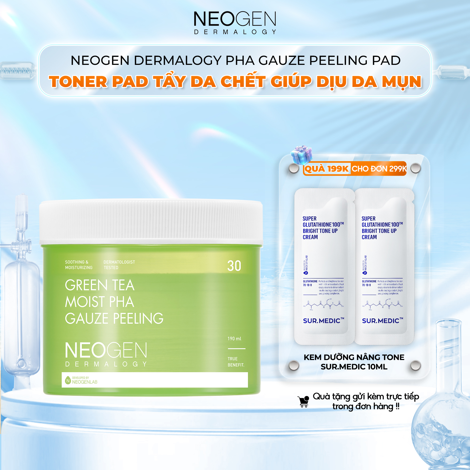 Toner Pad Tẩy Da Chết Trà Xanh Làm Dịu, Phục Hồi Da Dầu Mụn Neogen Dermalogy Green Tea Moist PHA Gauze Peeling 30 Miếng