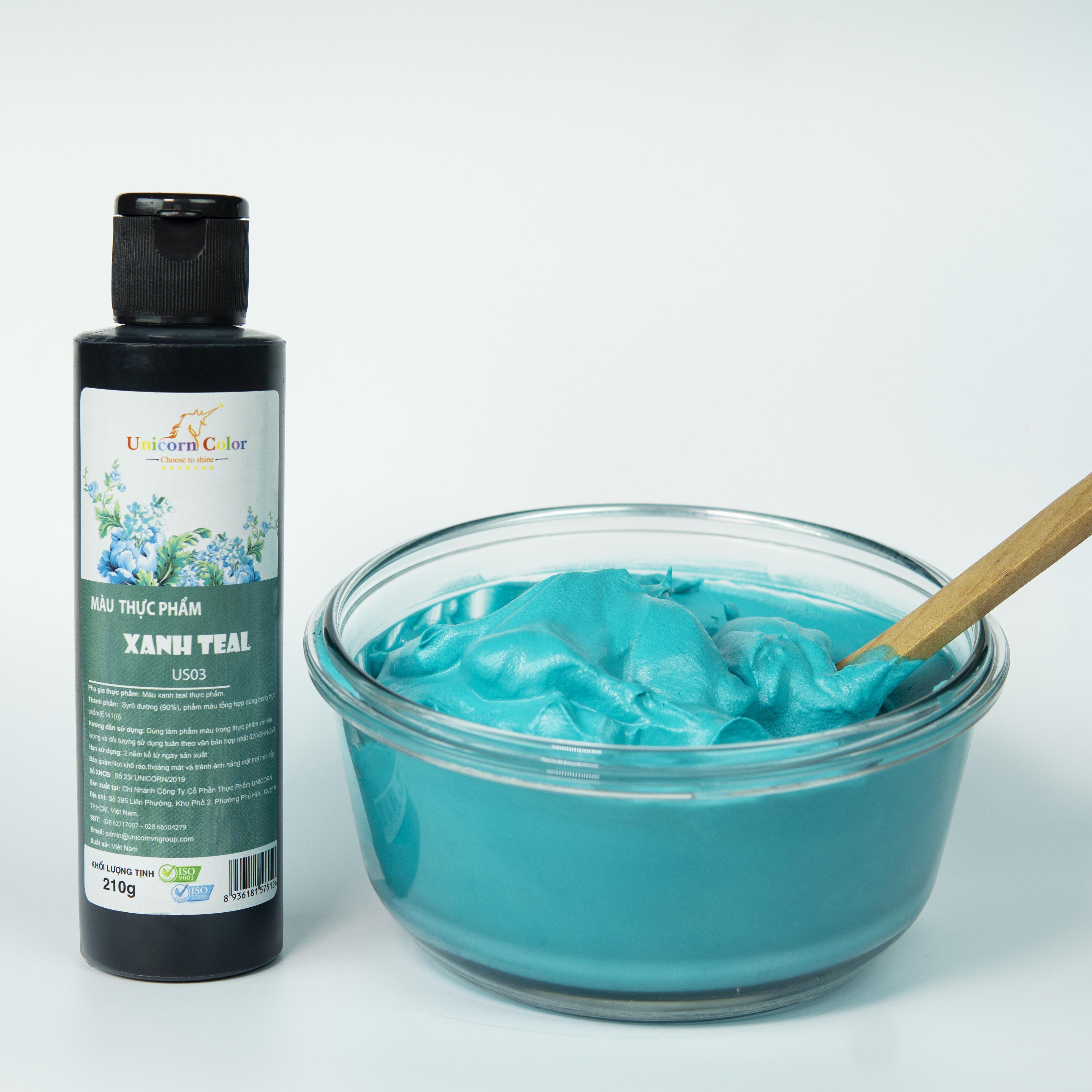 Màu thực phẩm Siro UNICORN  Không đắng - Màu xanh teal A12 lọ 210gr - Chuyên dụng trong bánh kem, bánh kẹo, món ăn, đồ uống... đạt đạt tiêu chuẩn ISO22000:2018