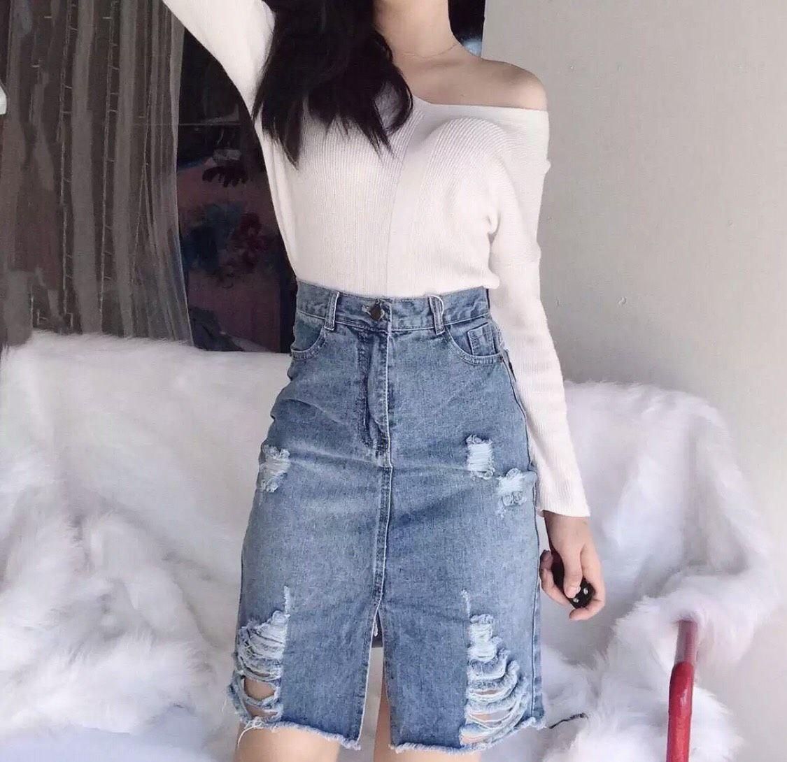 Chân váy jean lửng rách xẻ tà giữa 3 size sml 12c34b1