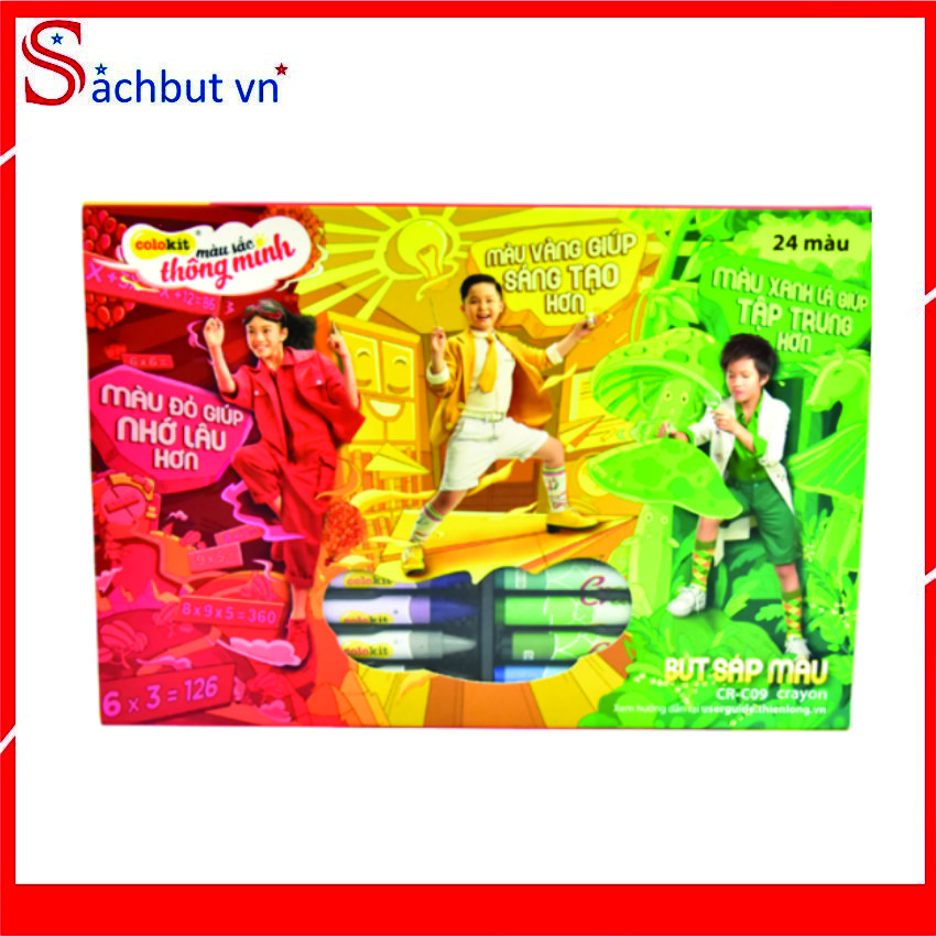 Bút sáp màu Colokit CR-C09 24 cây sáp có 24 màu (CRC09) thông dụng trên thị trường, được cố định trong khay định hình, tránh trường hợp bị lẫn màu khi tô.