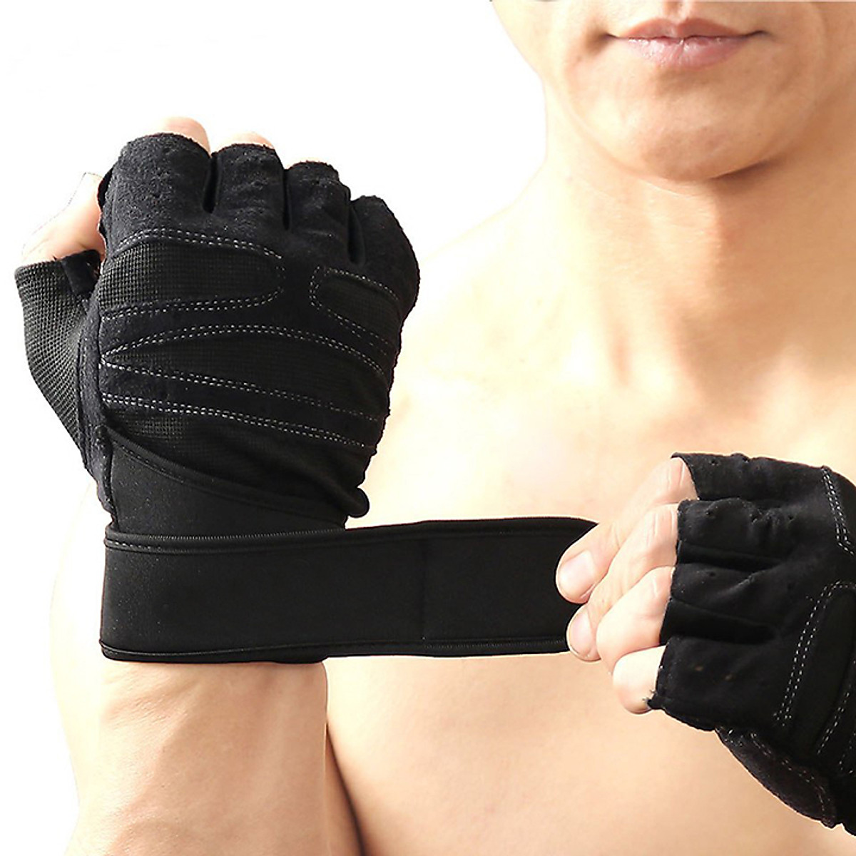Găng tay tập gym có đai quấn cổ tay cao cấp - đen chỉ trắng