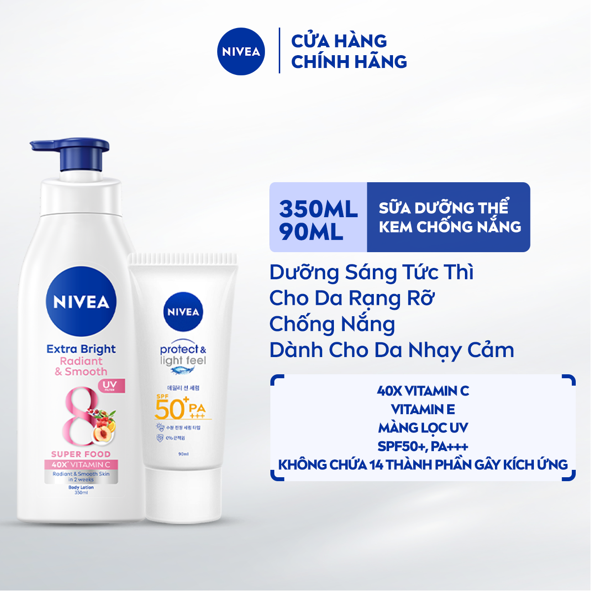 [MUA LÀ CÓ QUÀ] Bộ Đôi Sữa Dưỡng Thể NIVEA 8 Super Fooods Dưỡng Sáng Da và Kem Chống Nắng NIVEA PROTECT  LIGHT FEEL SPF50+ PA+++ - 98413 + 86018