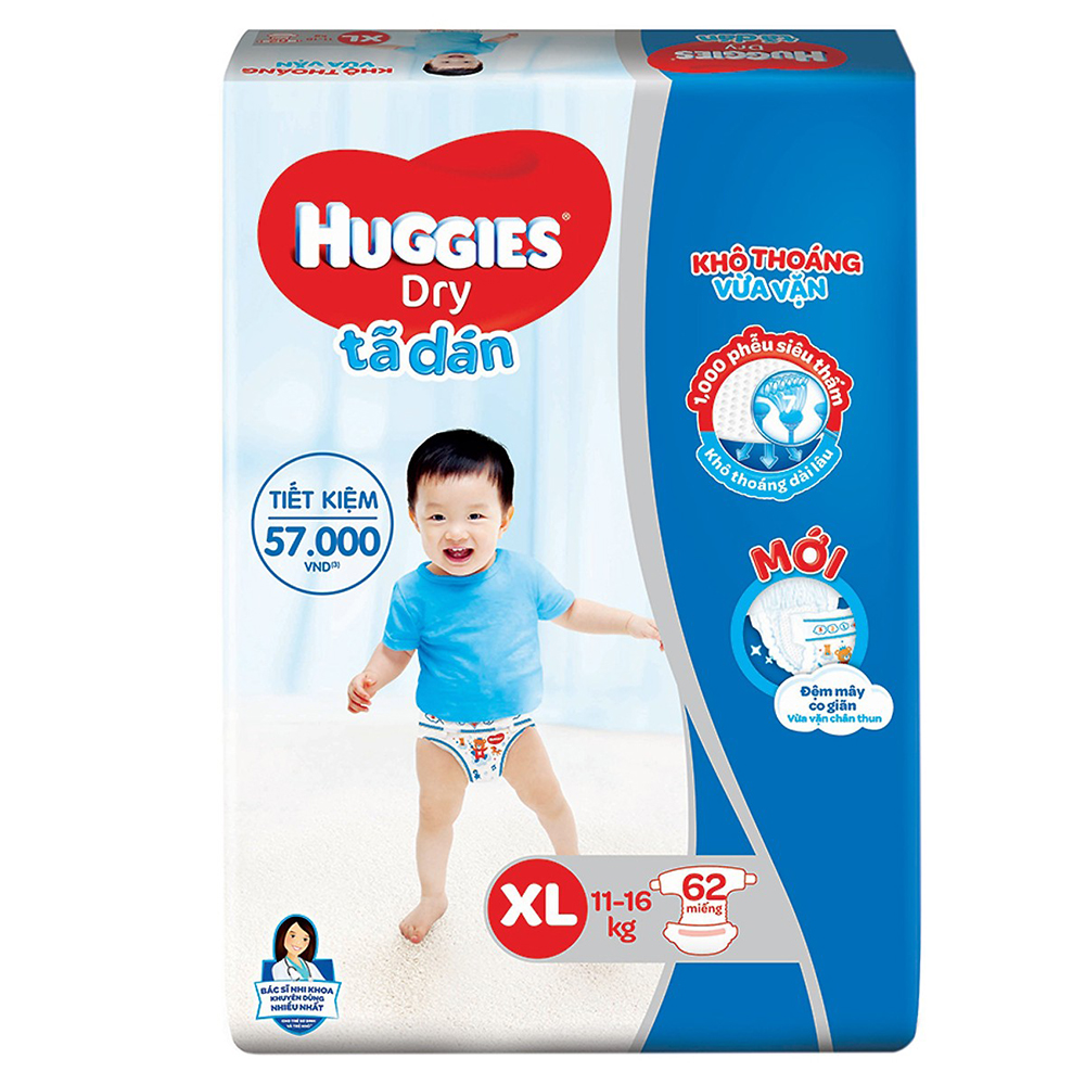 [HCM]Tã Dán Huggies Dry Gói Cực Đại XL62 (62 Miếng) - Bao Bì Mới