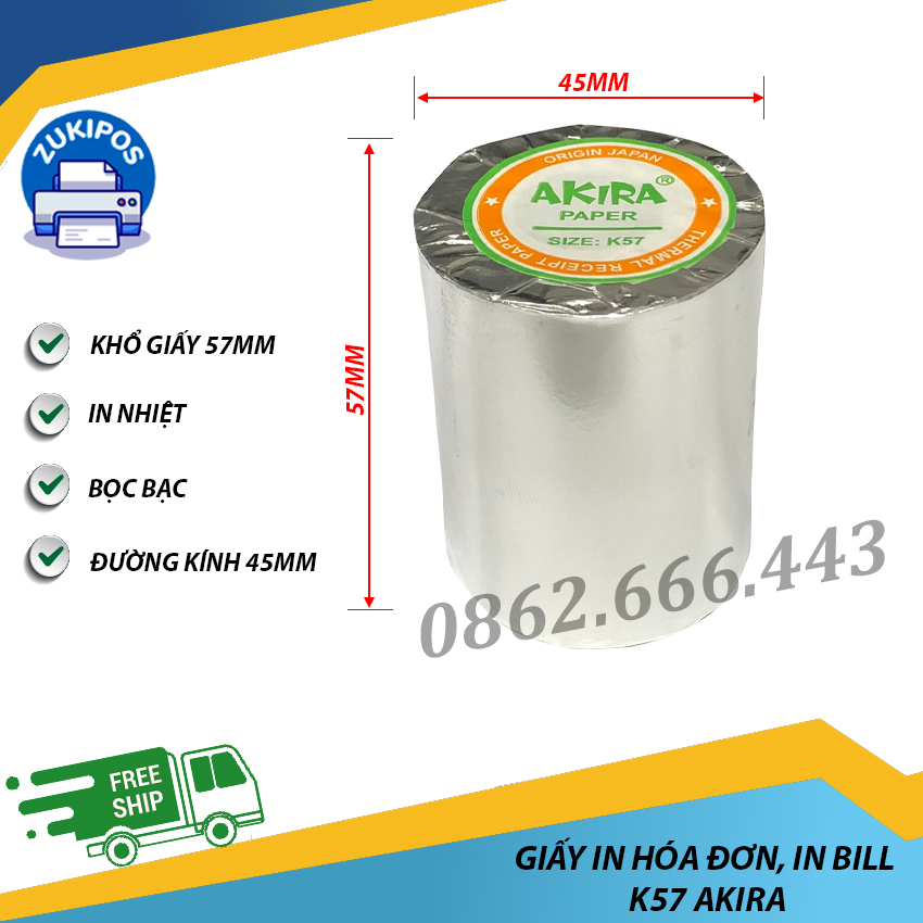 Giấy in hóa đơn K57 AKIRA phi 45 [COMBO 10 CUỘN] IN NHIỆT KHỔ 57MM - Zukipos