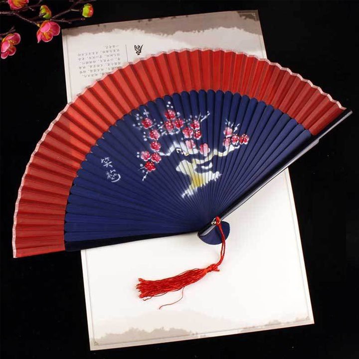 ( M65 ) Quạt cổ trang dây tuyến viền đỏ cầm tay quà tặng xinh xắn cosplay phong cách tết