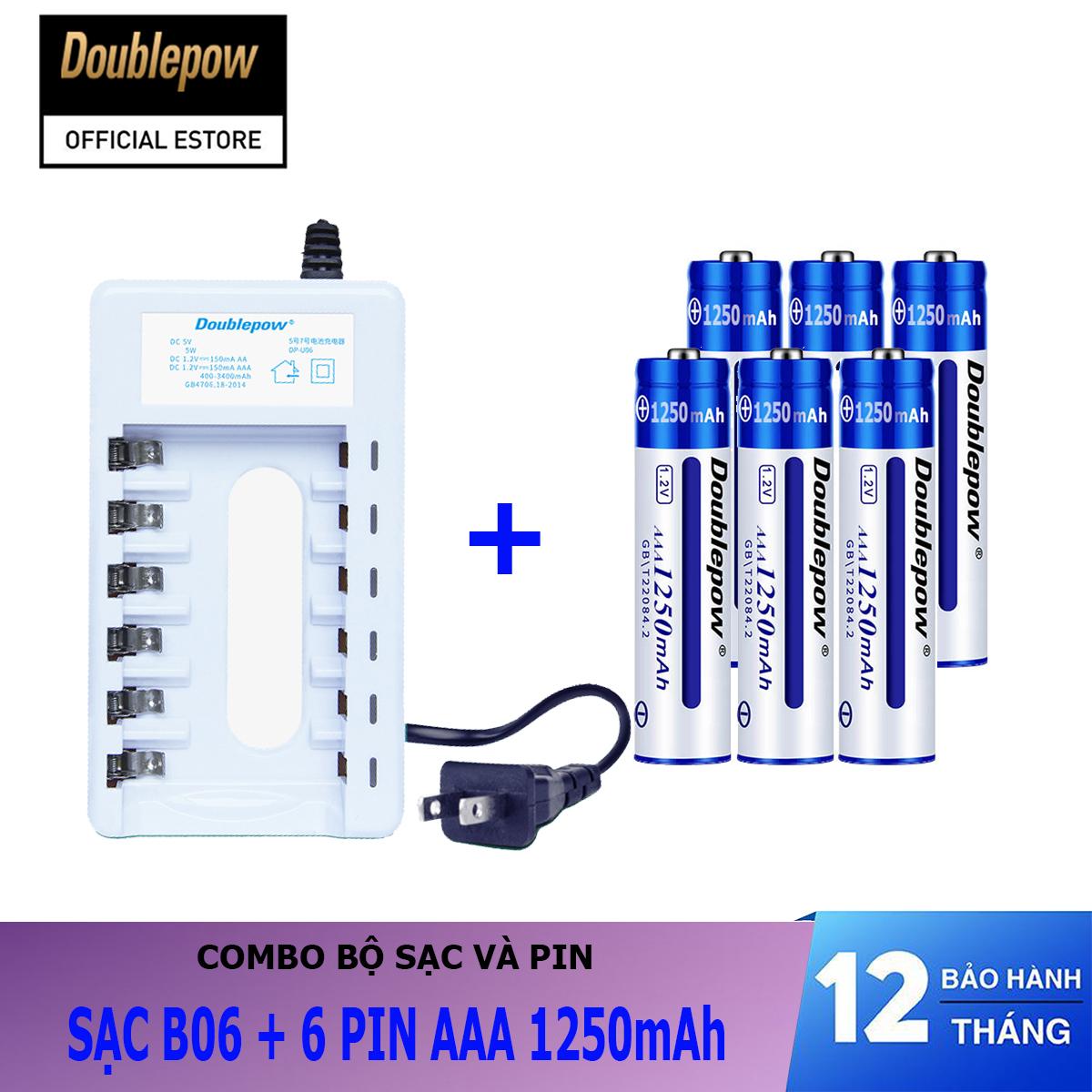 Combo sạc pin 6 cổng B06 và 06 viên pin sạc AAA 1250mAh - Doublepow