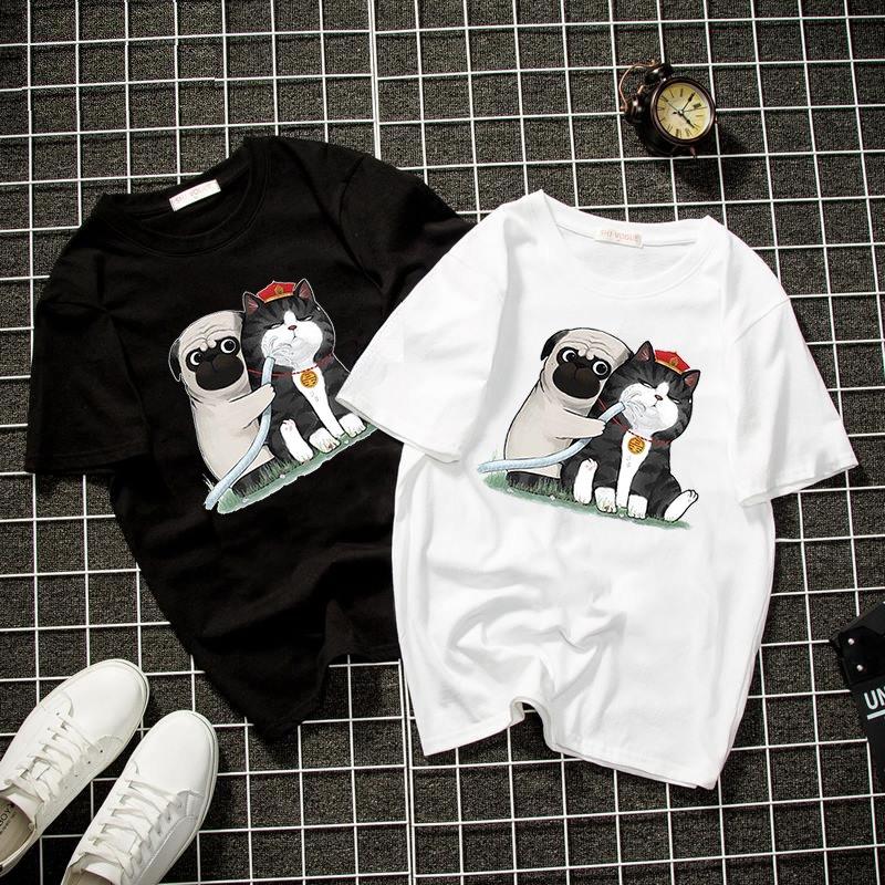 Áo thun unisex đẹp in hình mèo hoàng thượng và chó pug vải dày mịn TEEWT2132