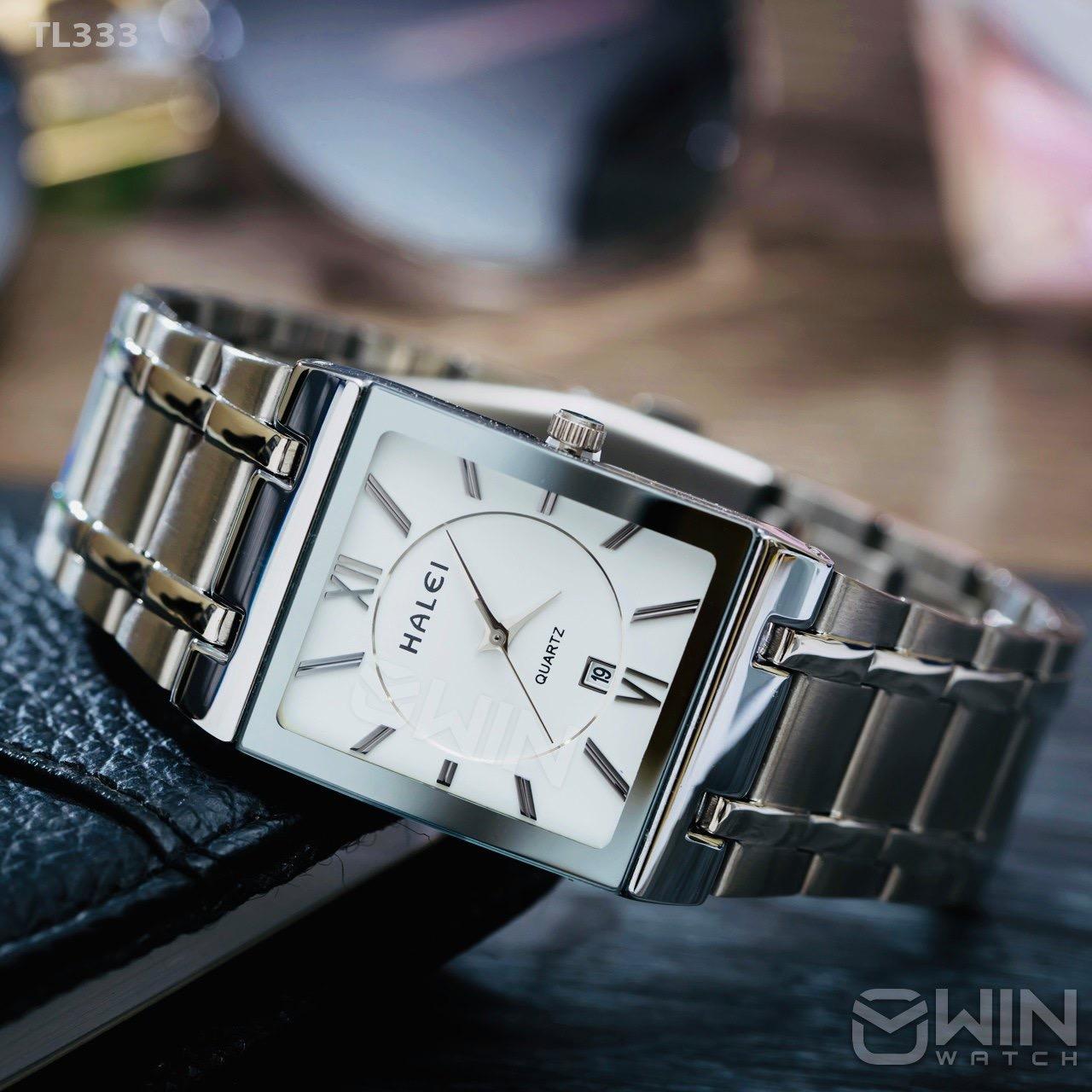 đồng hồ nam halei mặt vuông dây bạc mặt trắng có lịch (tặng kèm pin )