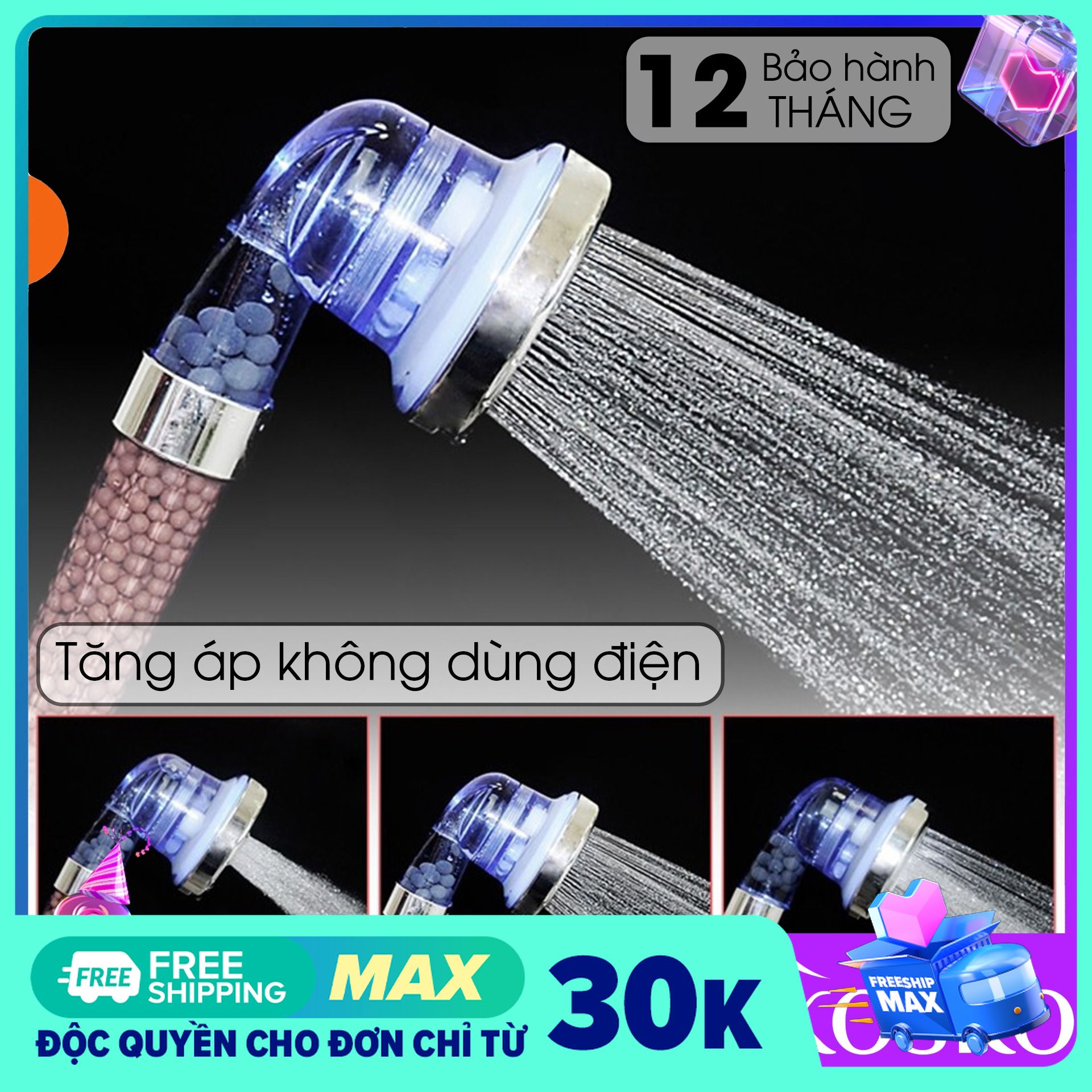 Vòi sen tăng áp Công Nghệ Nano Hạt Lọc Siêu tiết kiệm nước, đường kính vòi sen lớn 8cm, 3 chế độ điều chỉnh chỉ bằng 1 nút nhấn, Dễ dàng lắp đặt không cần gọi thợ