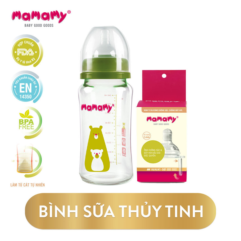Bình sữa thuỷ tinh và 2 hộp núm ti chống sặc và đầy hơi Mamamy bảo vệ hệ tiêu hóa cho bé 240ml