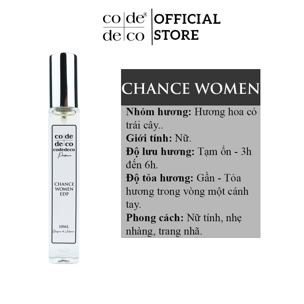 Tinh dầu nước hoa dạng xịt code deco chance women 10ml, nữ tính, nhẹ nhàng, trang nhã, size tiện lợi, nhỏ gọn