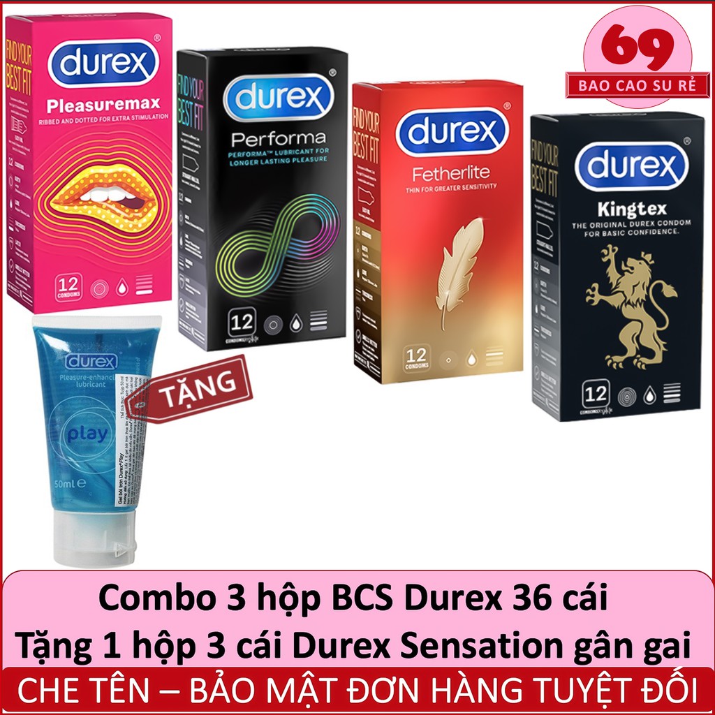 Combo 4 Hộp Bao Cao Su Durex 48 Cái Tùy Chọn + 1 Tuýt Gel Bôi Trơn Durex Play