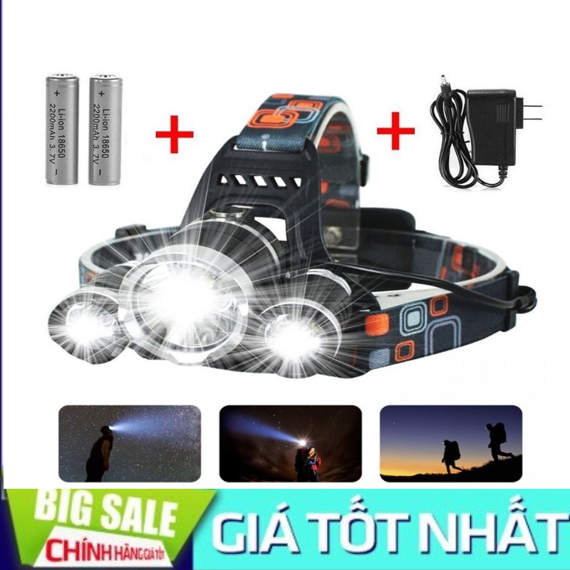 [ĐÈN SIÊU SÁNG]-Đèn pin siêu sáng, đèn pin đội đầu 3 bóng siêu sáng, đèn led đội đầu 3 bóng + 2 pin sạc 18650 + 1 củ sạc, Den pin sieu sang doi dau 3 bong [BẢO HÀNH 12 THANG]]