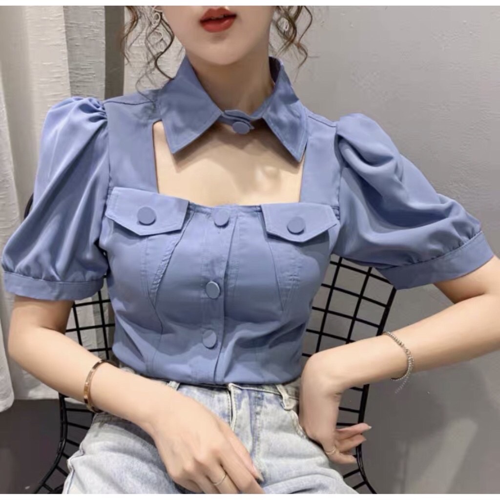 Áo sơ mi kiểu cut out phần cổ