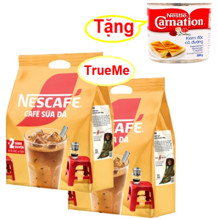 [Tặng Lon Sữa Đặc] Combo x2 túi Nescafe sữa đá (25gói x 24g/túi) - Ca phe rang xay hoa tan - cafe sữa đá - nescafe do - coffee  - ca phe 3in1 - café 3in1 - ca phe hoa tan - café pha san - cafe chinh hang - nessua25 trueme truemenews LazadaTrueMe