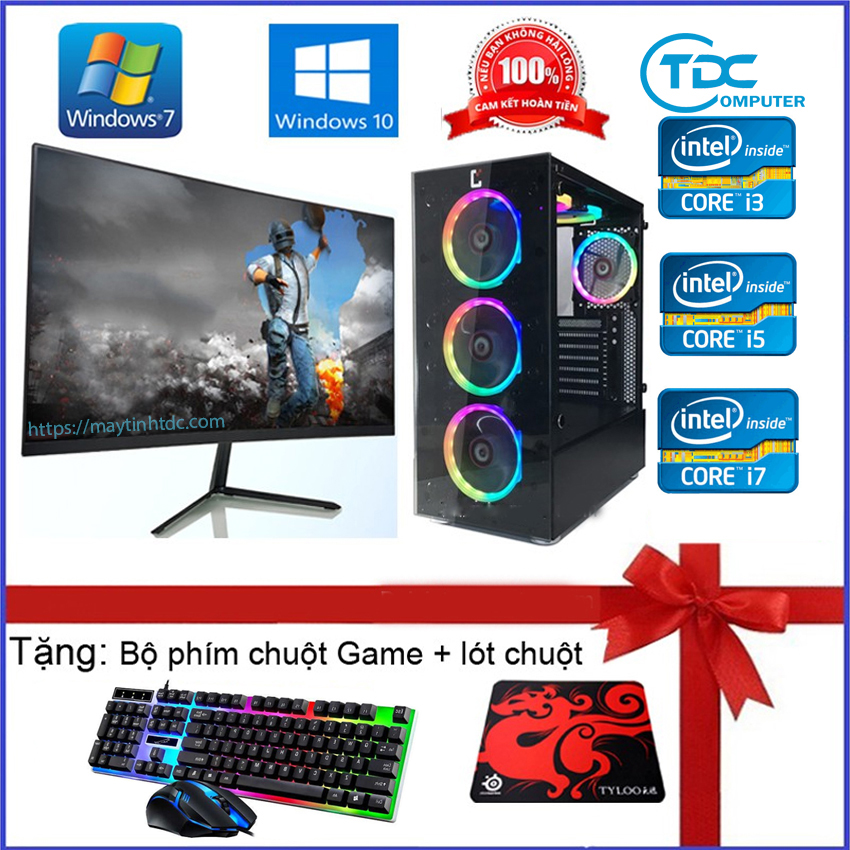 Bộ máy tính để bàn PC Gaming + Màn hình 22inch FULL viền cấu hình core i7, i5, i3 ram 8GB SSD 240GB chiến game PUBG mobile, PUBG lite, LOL, CF đột kích, Fifa, Cs + Quà Tặng bàn phím chuột chuyên Game LED