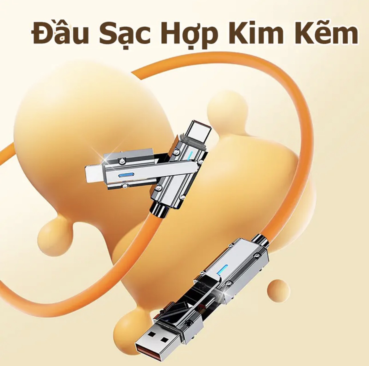 Dây cáp sạc đa năng 4 in 1 dây sạc 4 đầu sạc nhanh 100w, usb type c, ip, hai đầu kim loại, có led.