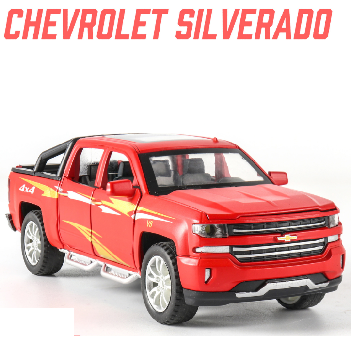 Xe mô hình ô tô Chevrolet Silverado 1:32 bằng kim loại xe chạy cót có âm thanh và đèn mở các cửa
