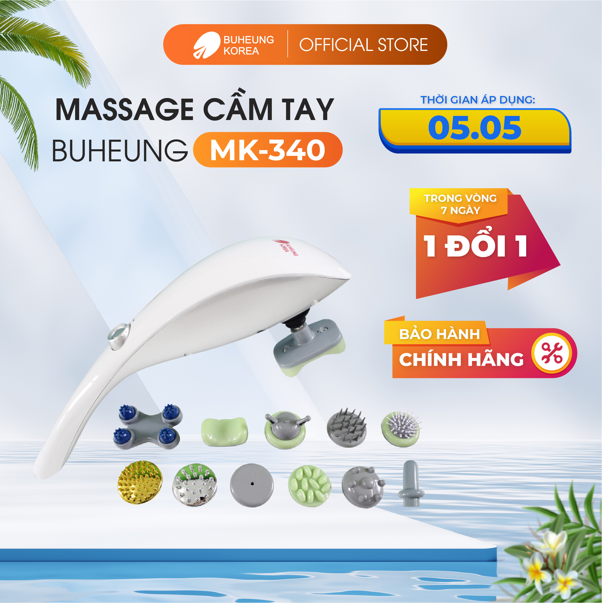 Máy Massage cầm tay Buheung MK-310 New, 7 chế độ, 11 đầu massage, bảo hành chính hãng 12 tháng