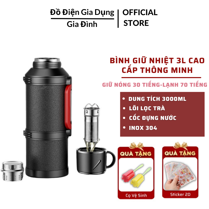 Bình giữ nhiệt cao cấp dung tích 3l có dây đeo giữ lạnh 72 tiếng - giữ nóng 24 tiếng tặng kèm cọ vệ sinh bình nước