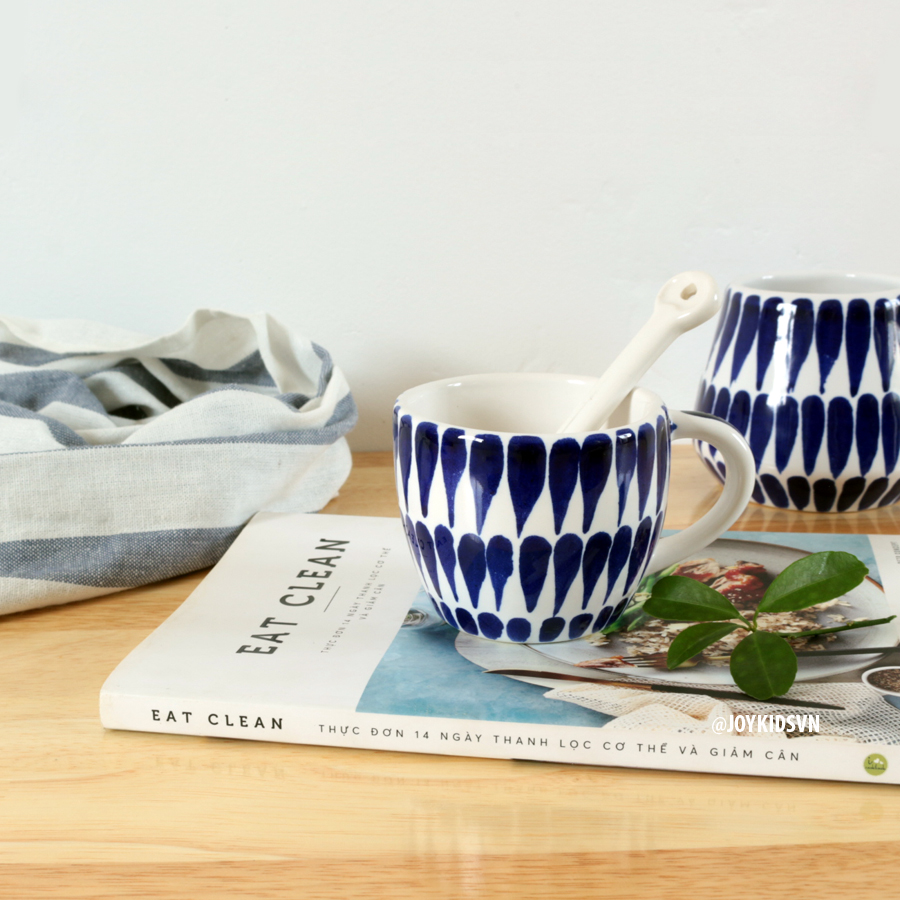 Ly gốm xanh họa tiết giọt nước | Cốc gốm xanh họa tiết giọt nước - Ceramic cup with water drop pattern | Traditional Vietnamese Ceramic Mug