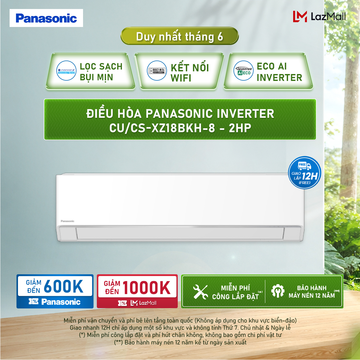 [CHỈ GIAO MIỀN BẮC][Trả góp 0%] [Chỉ giao miền Bắc] Máy lạnh/Điều hòa Panasonic Inverter CU/CS-XZ18BKH-8 - 2HP - Hai chiều - Lọc sạch không khí NanoeX - Kết nối wifi