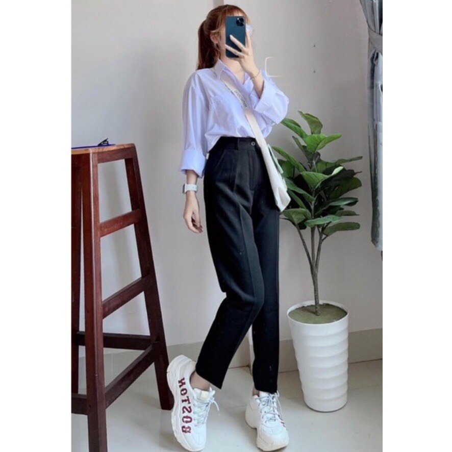 Quần tây nữ lưng cao đi học làm công sở kiểu quần vải học sinh ống đứng dáng dài màu đen xanh đen vải tuyết mưa dày vừa