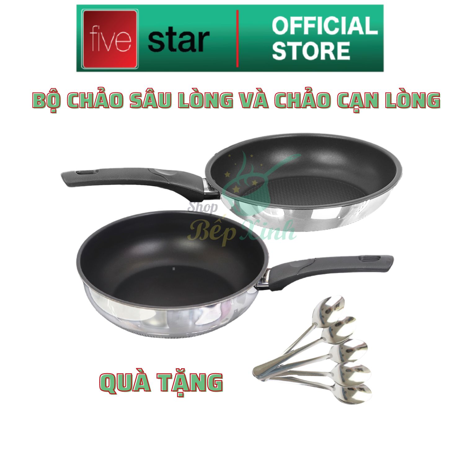 Bộ 2 chảo chống dính cao cấp Fivestar tặng 5 muỗng ăn 24cm / 26cm / 28cm