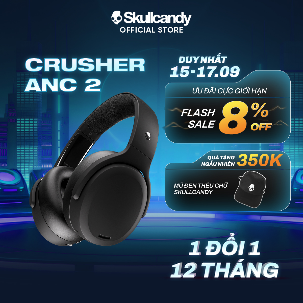 Tai nghe bluetooth chụp tai chống ồn chủ động, bass rung, jack cắm 3.5mm skullcandy crusher anc 2 - bảo hành 1 năm