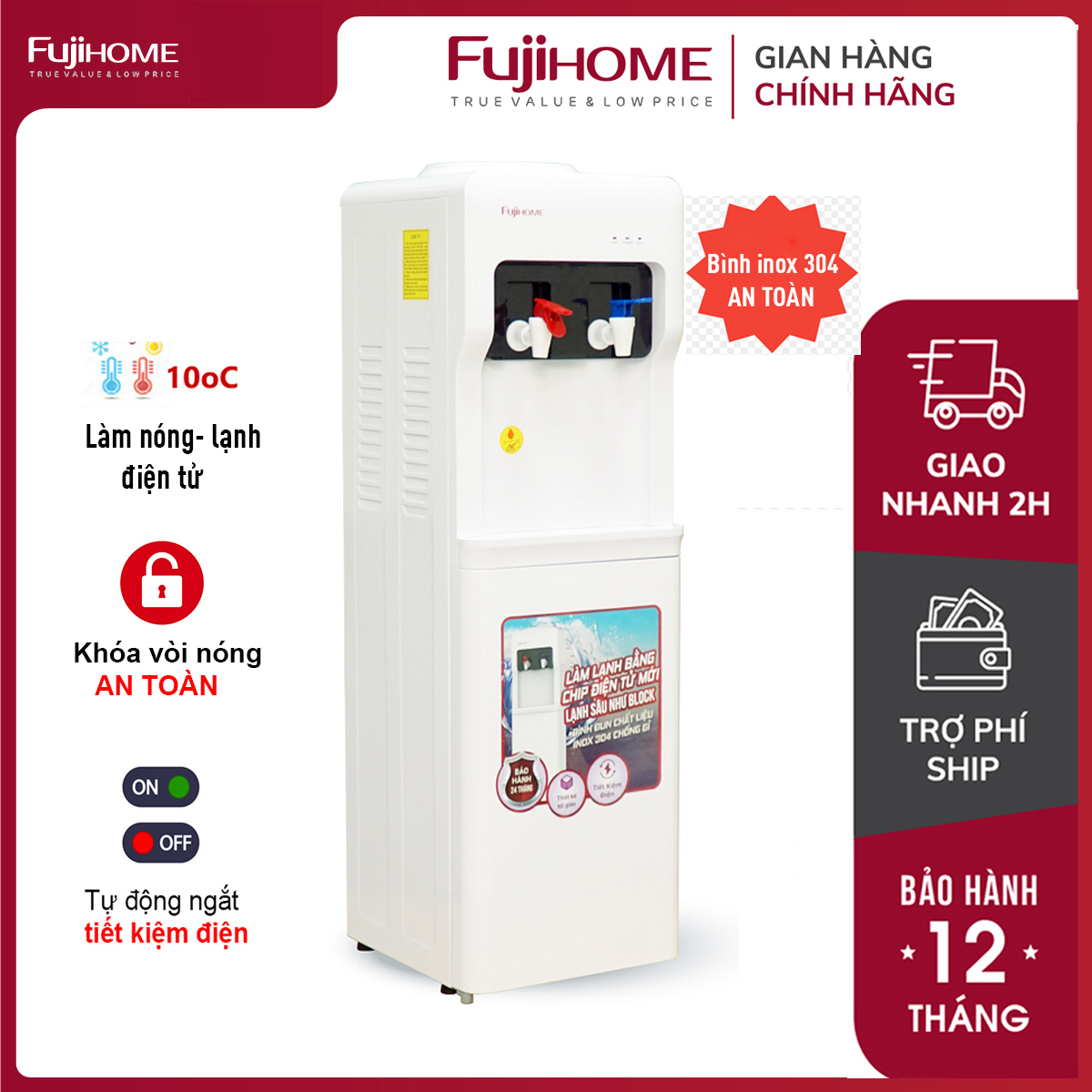 Cây nước nóng lạnh nhập khẩu  Fujihome, máy nước uống nóng lạnh gia đình, bình lọc nước tiết kiệm điện tự động ngắt, khóa vòi nóng an toàn,