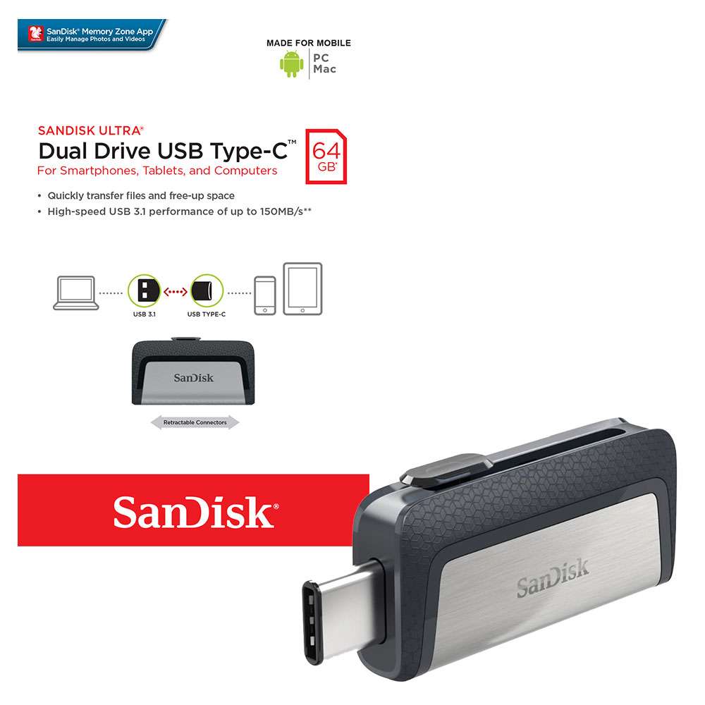 Usb otg sandisk ultra dual type-c 3.1 64gb 150mb/s