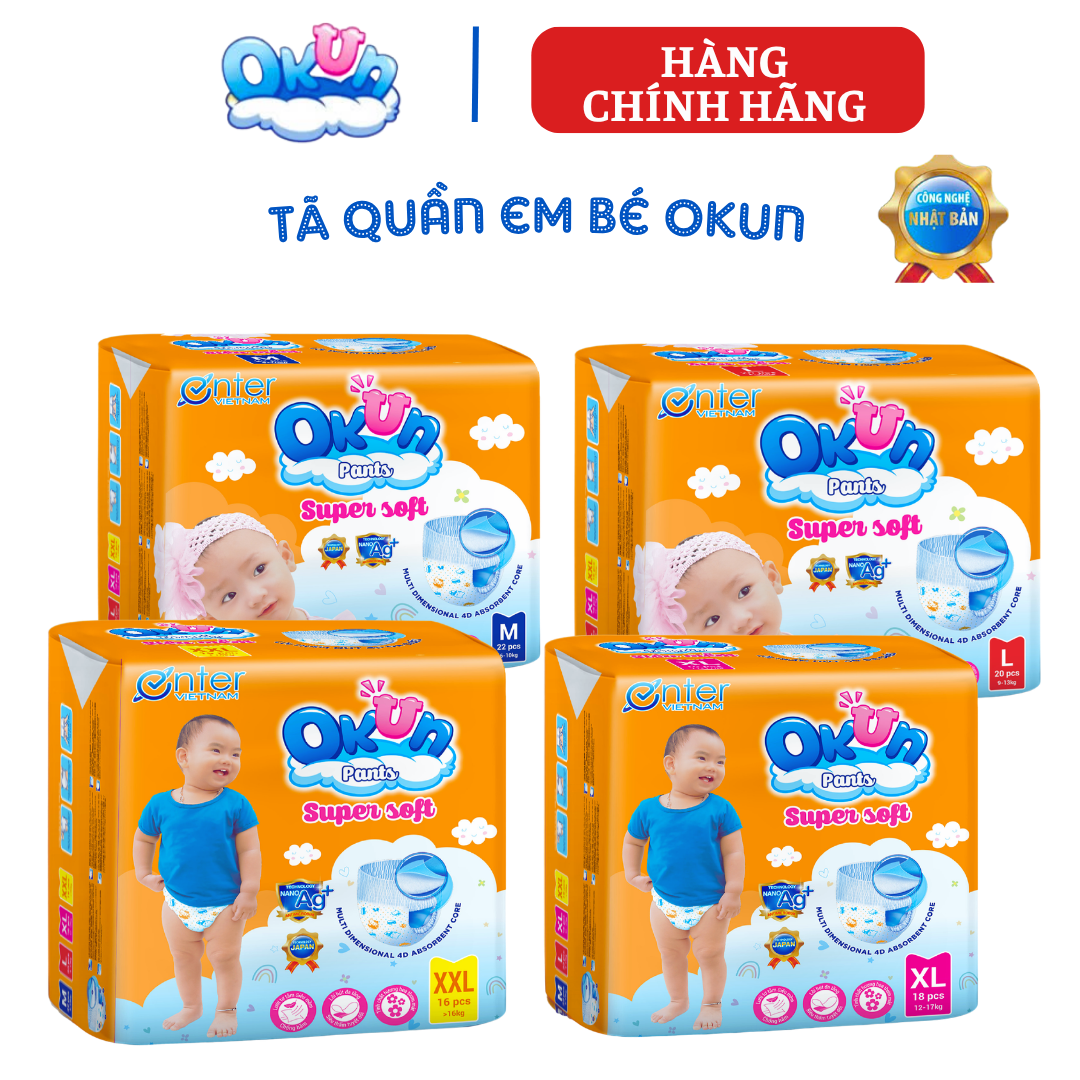 {Hàng chính hãng} Tã quần Okun size M 10 miếng, size L 9 miếng, size XL 8 miếng. Bỉm quần siêu mềm khô thoáng chống hăm khử mùi, tả quần siêu thấm siêu mỏng