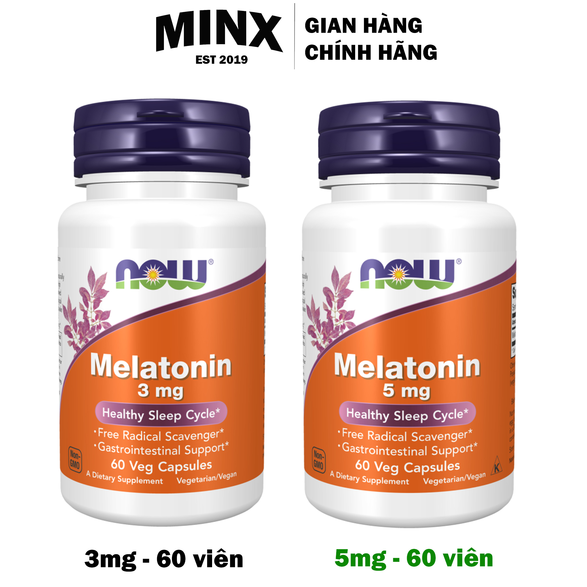Viên uống bổ sung Now Melatonin 3mg / 5mg 60 viên - NowHealthy Sleep Cycle - Giúp ngủ ngon, giảm stress - MINX Store