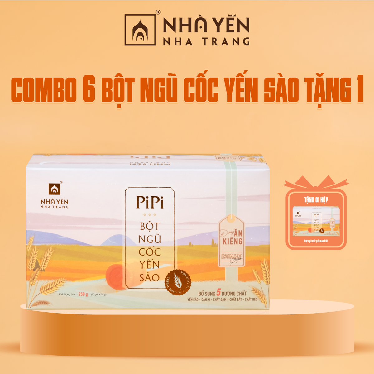 Combo 6 hộp bột ngũ cốc yến sào pipi - nhà yến nha trang - hộp 10 gói - bột ngũ cốc dinh dưỡng không đường