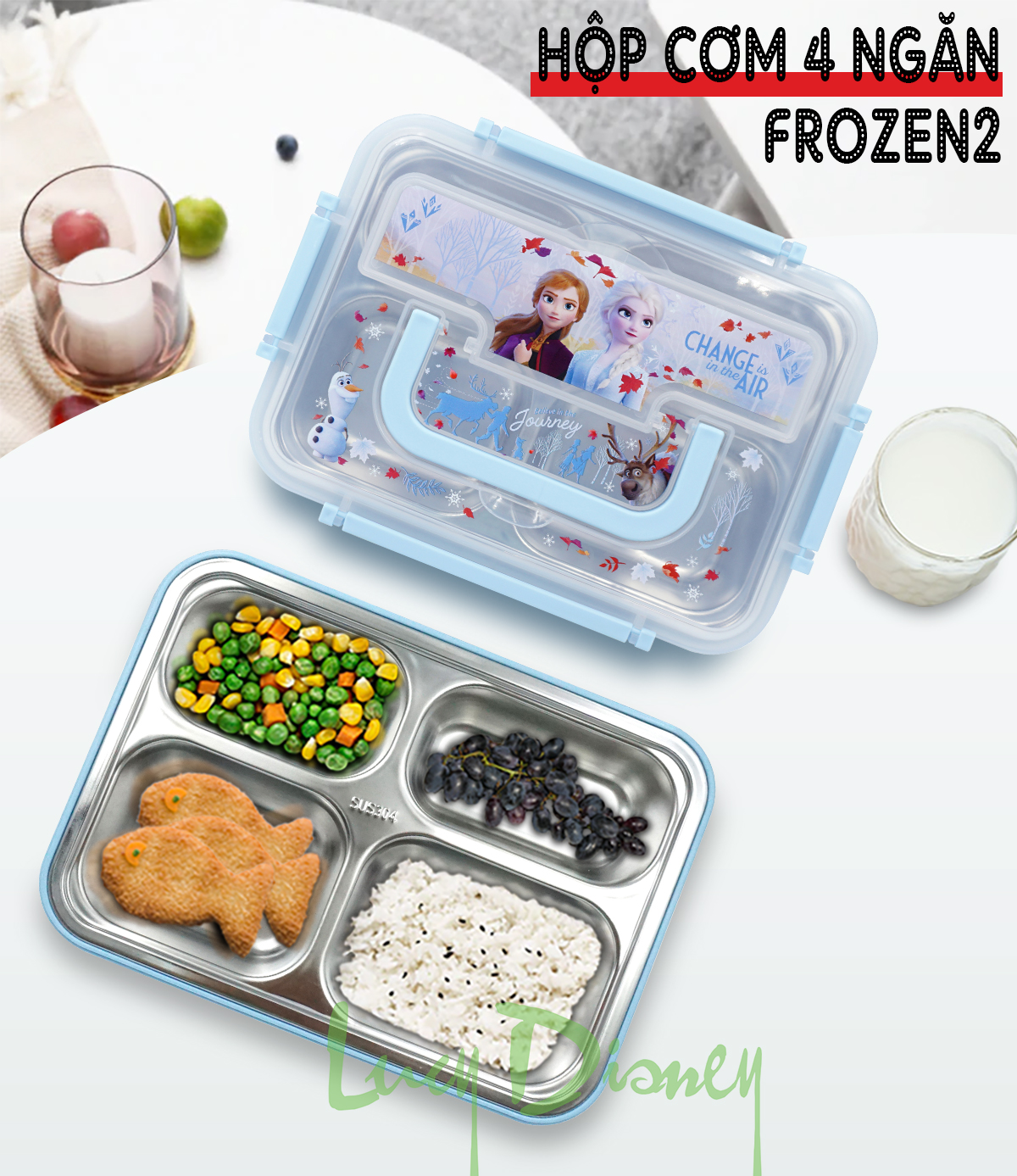 Hộp cơm inox 4 ngăn có ngăn đưng muỗng đũa tiên lợi Disney