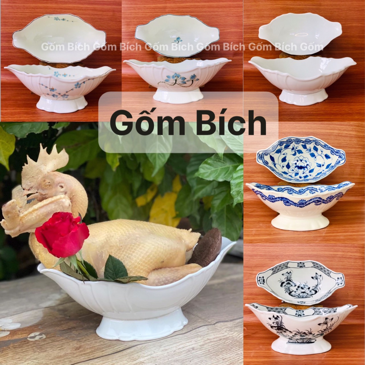 Bát đĩa bày gà cúng nguyên con đĩa thuyền gốm sứ bát tràng cao cấp màu trắng vẽ hoa nhiều mẫu - gốm bích