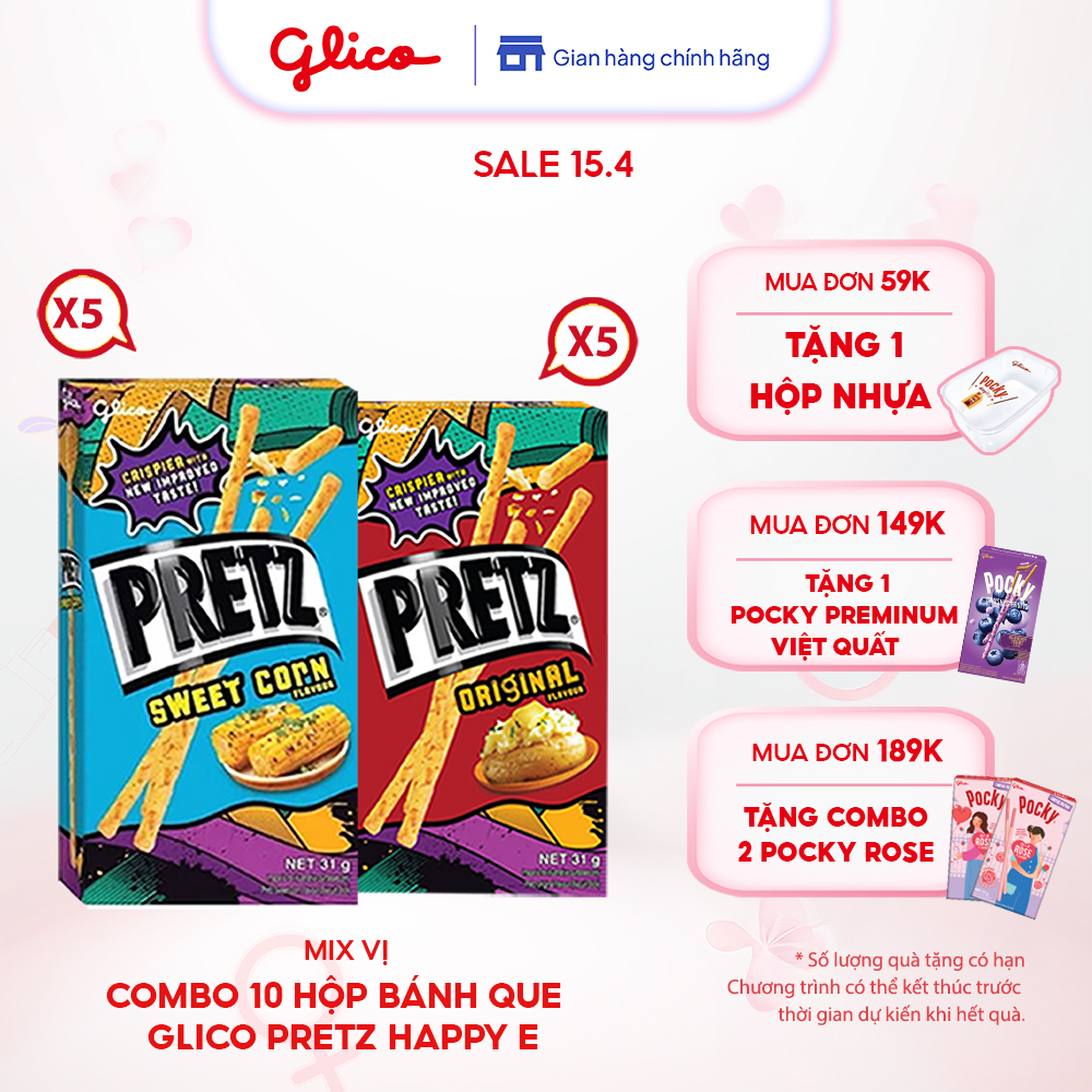 Combo 10 Hộp Happy Set E Bánh Que Nướng Giòn Mix 2 Vị Khoai Tây Và Bắp Glico Pretz (5 Khoai Tây - 5 Bắp)