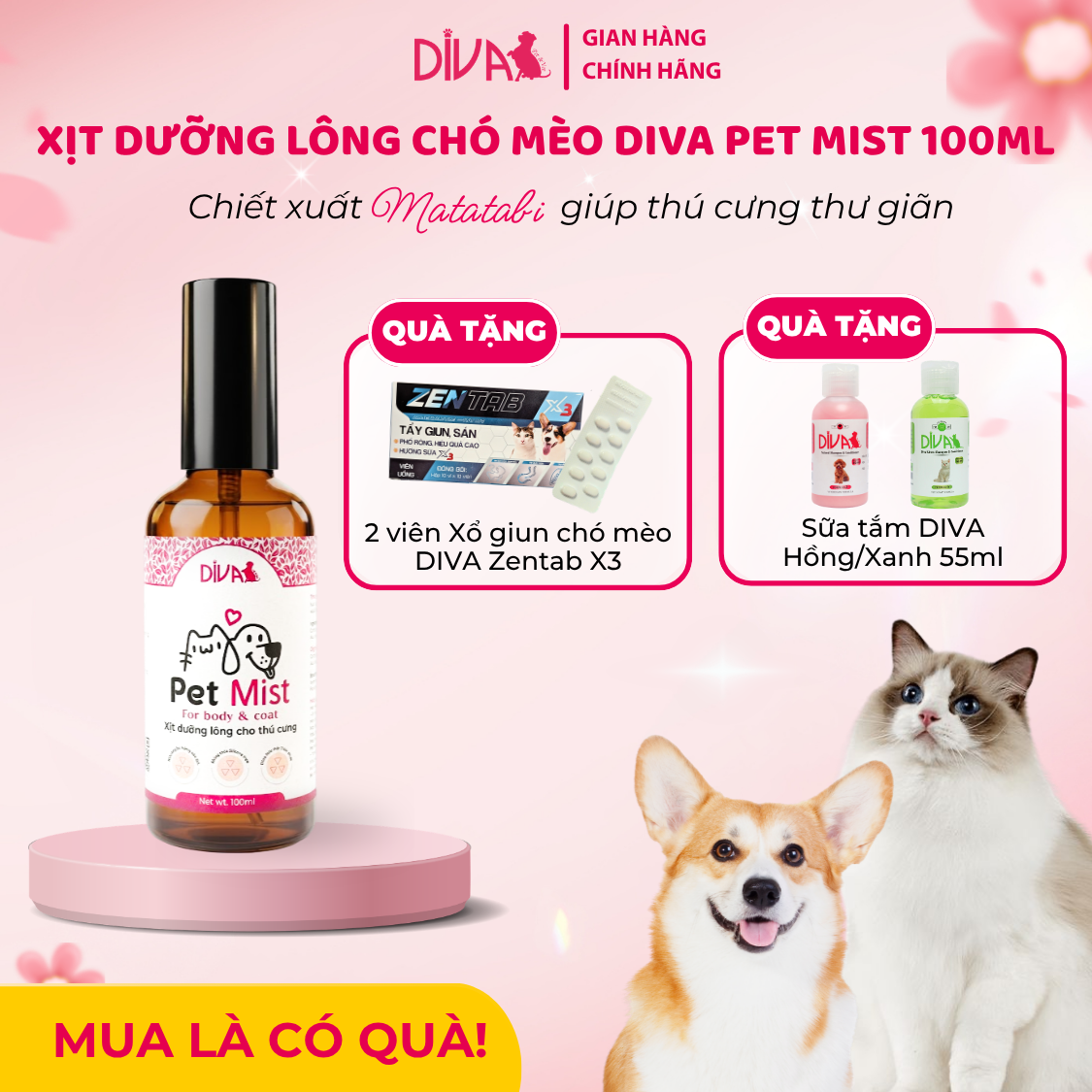 [SẢN PHẨM MỚI] [Tặng Sữa tắm 55ML] Xịt dưỡng lông chó mèo DIVA Pet Mist 100ml chiết xuất matatabi giúp thú cưng thư giãn