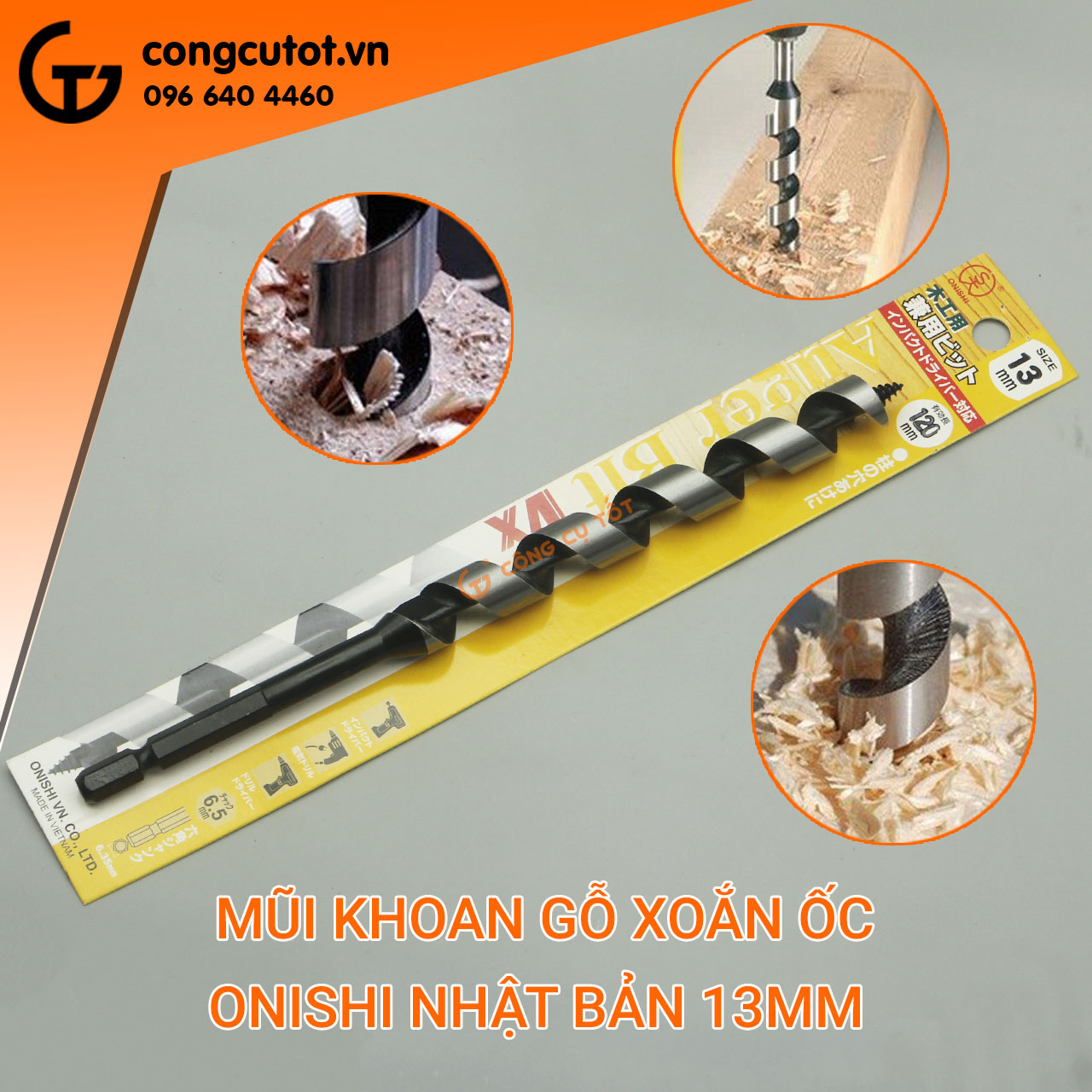 Mũi khoan gỗ xoắn ốc Onishi dài rãnh 120mm chuôi lục