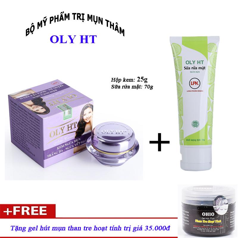 Bộ mỹ phẩm mụn trắng da ngừa vết thâm OLY HT (hộp lớn 25g) + sữa rửa mặt OLY HT tặng gel hút mụn than tre hoạt tính