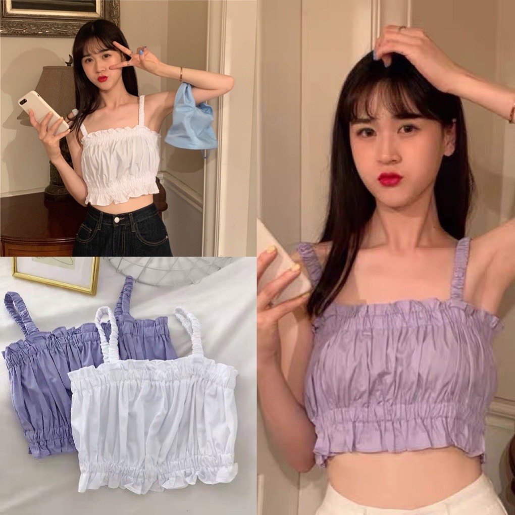 Áo Croptop 2 Dây Đũi Viền Bèo Trắng Tím Mã N07