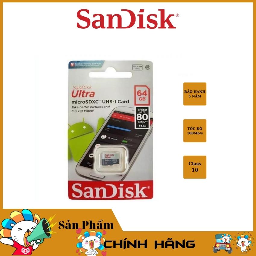Thẻ nhớ micro sd sandisk 32gb - 64gb class 10 - hàng chính hãng tốc độ đọc 100mb/s - bảo hành 5 năm.