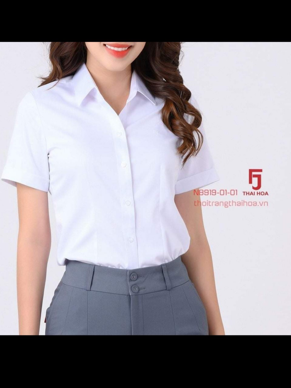 áo sơ mi nữ Thái Hòa màu trắng vải sợi tre mã 8919