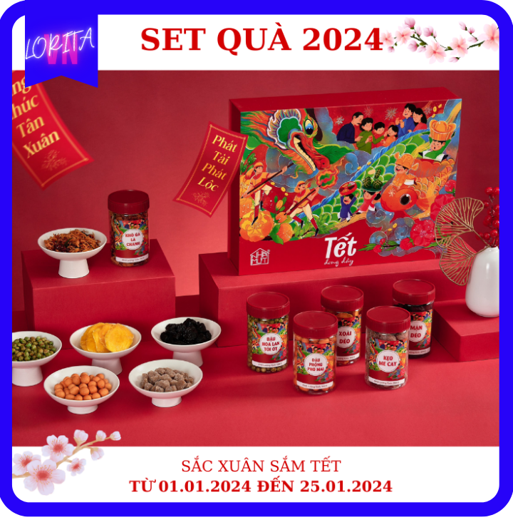 (5 hộp GIÁ SỈ) SET QUÀ TẶNG MỨT TẾT MỪNG XUÂN GIÁP THÌN 2024 - GIỎ QUÀ TẾT SET 6 MÓN CHUẨN VỊ NHÀ MỨT CAO CẤP - KÈM THIỆP CHÚC MỪNG, TÚI GIẤY