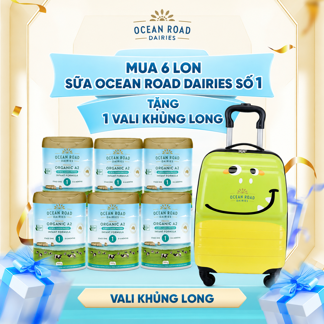 [QUÀ TẶNG KHÔNG BÁN] Vali khủng long Ocean Road - Mua 6 lon Ocean Road Dairies Organic A2